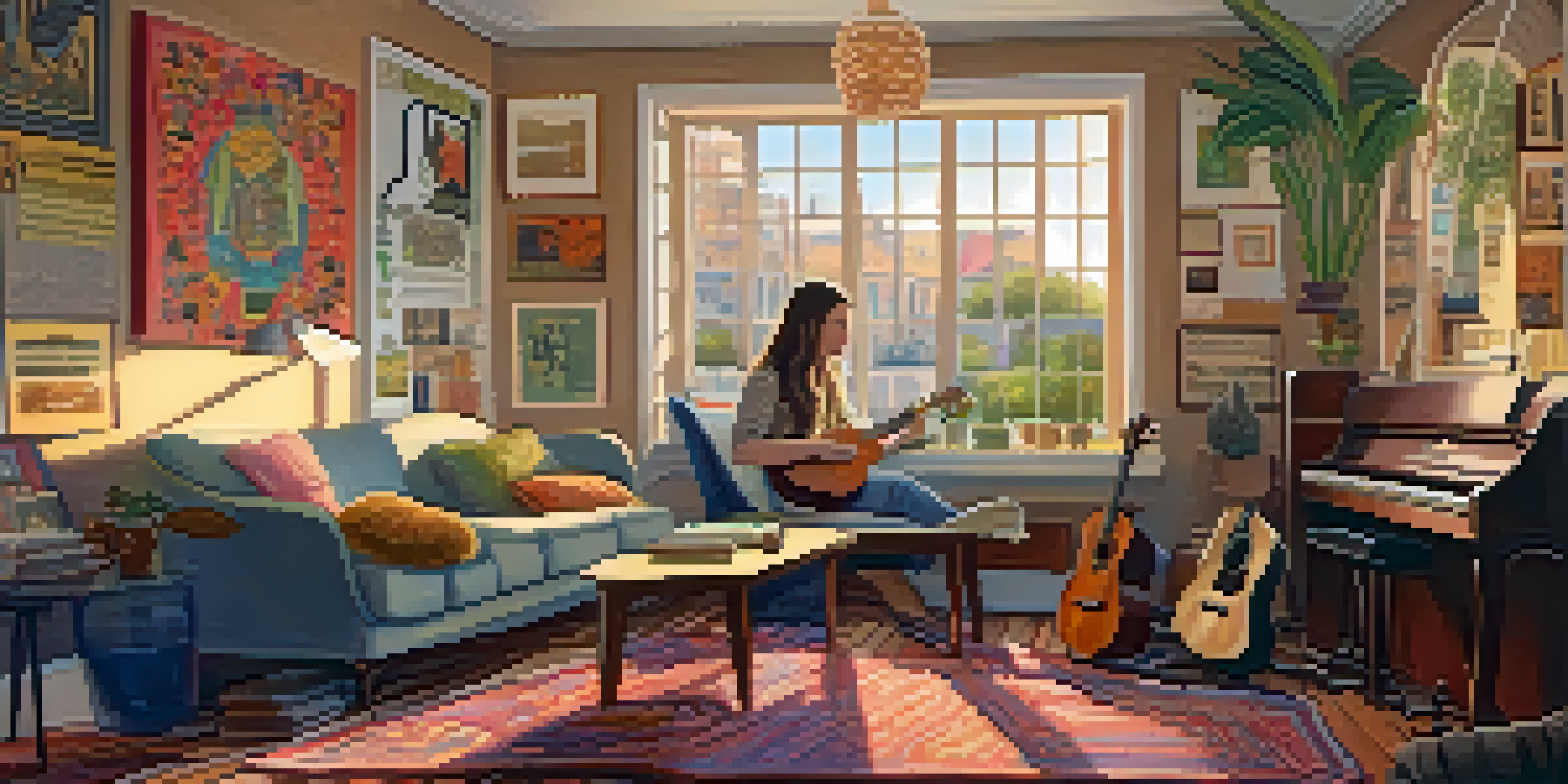 A person playing a ukulele in a warm and cozy living room filled with music sheets and colorful musician posters.