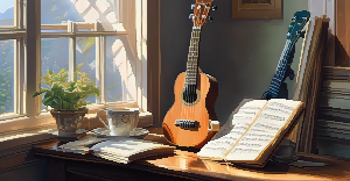 A ukulele on a table with music sheets and a cup of tea, illuminated by soft morning light.