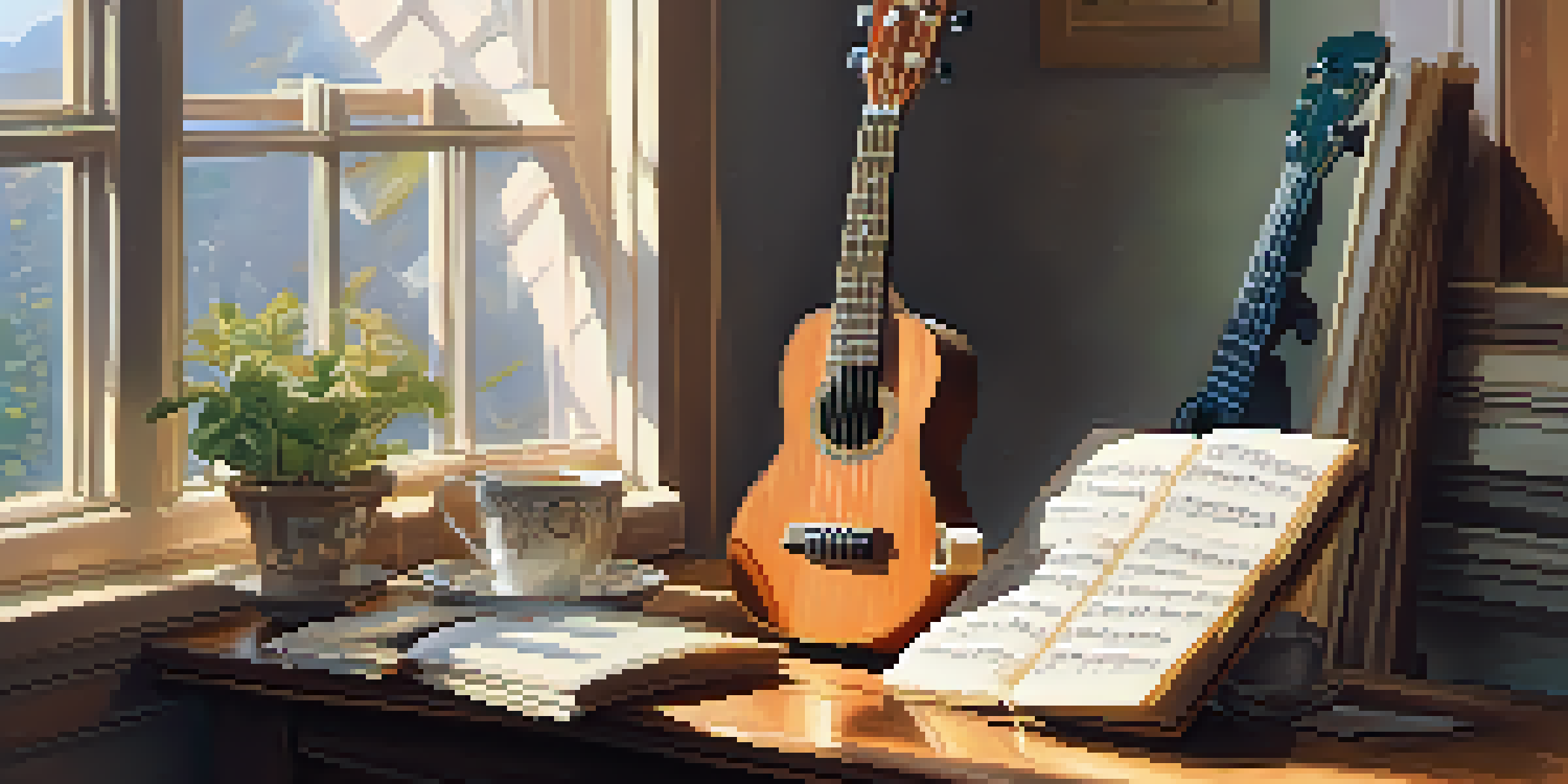 A ukulele on a table with music sheets and a cup of tea, illuminated by soft morning light.