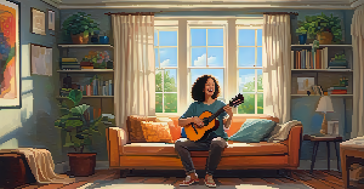 A person singing while playing a ukulele on a couch in a cozy room, with warm colors and sunlight streaming through the window.