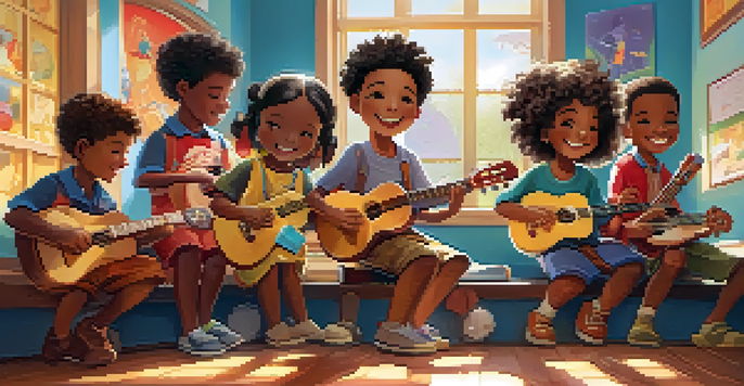 A lively classroom with children playing ukuleles, surrounded by colorful music posters and sunlight.