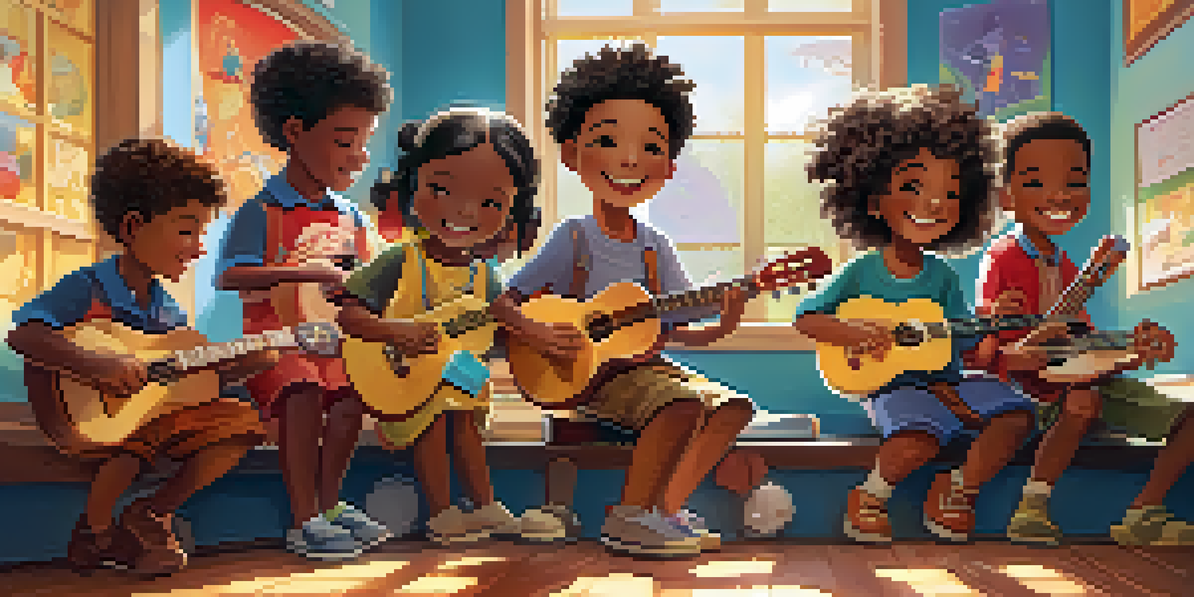 A lively classroom with children playing ukuleles, surrounded by colorful music posters and sunlight.
