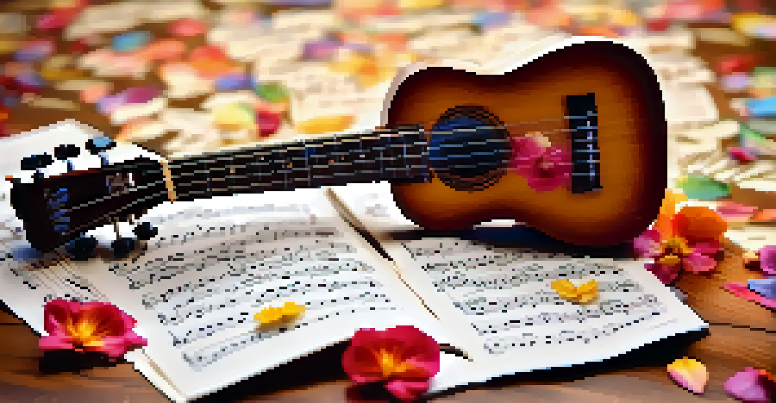 A close-up of a ukulele on music sheets with flower petals, showcasing a warm and artistic atmosphere.