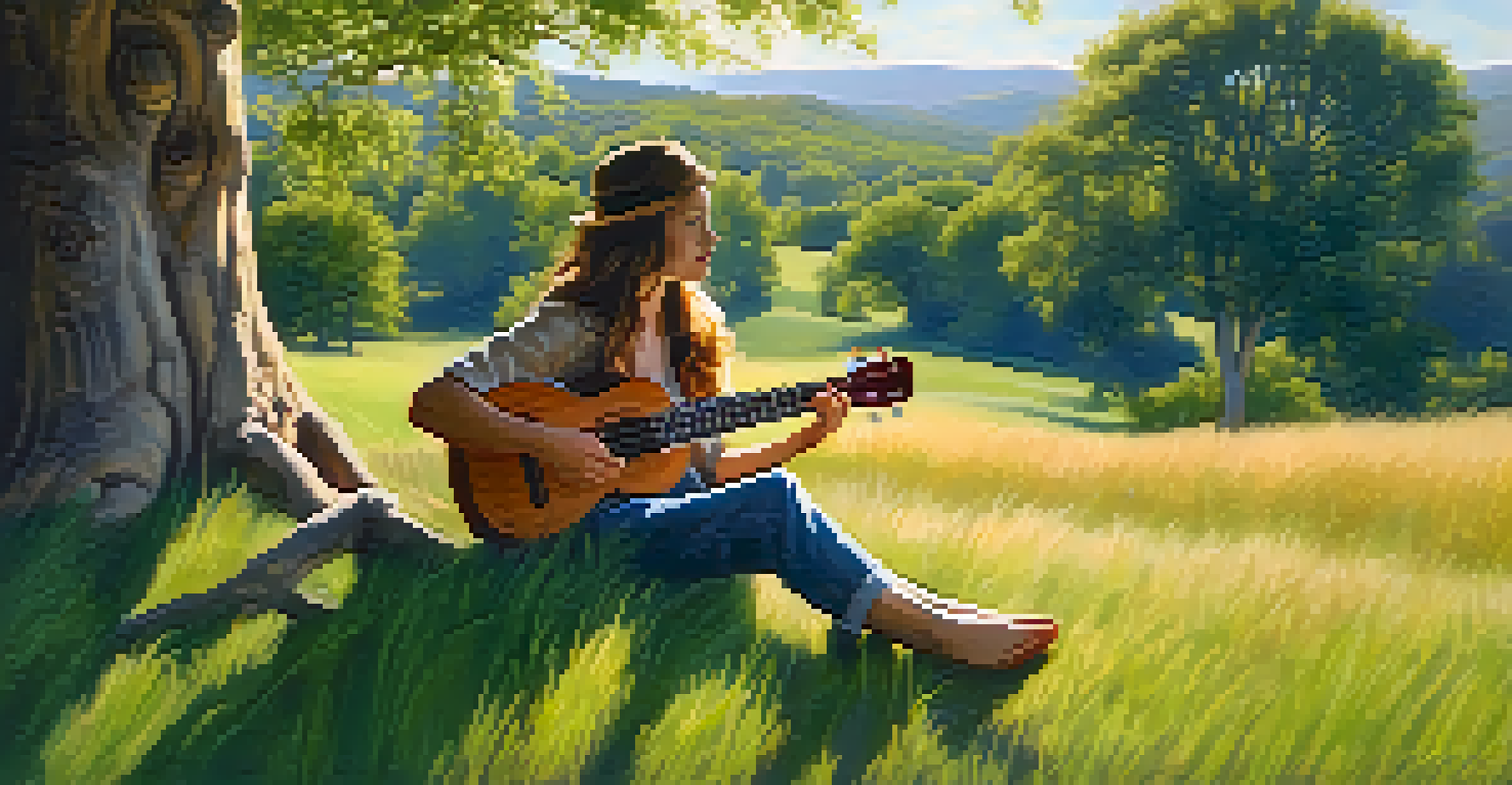 A musician playing a ukulele on a grassy hillside, with sunlight filtering through trees and a serene landscape in the background.