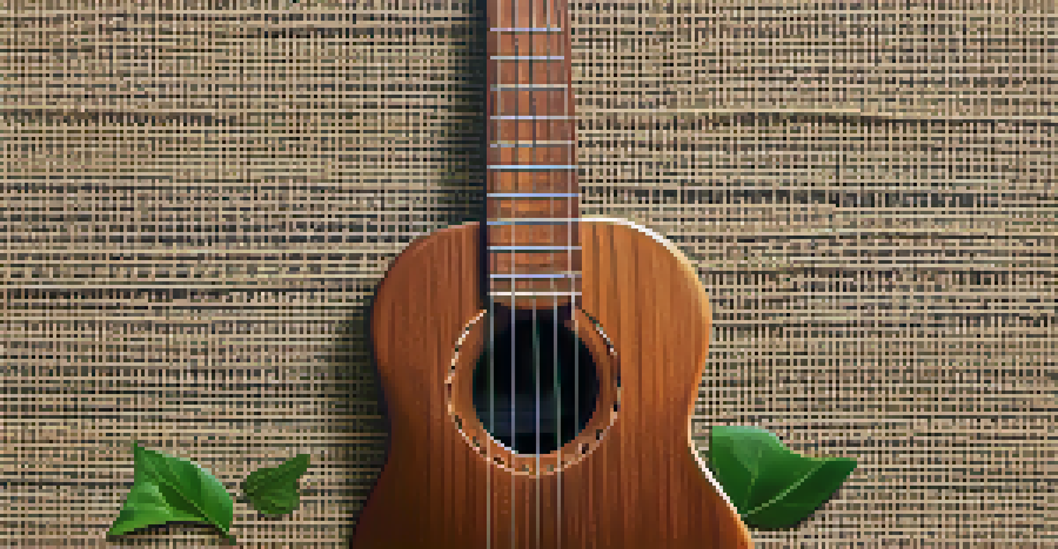 Close-up of eco-friendly ukulele strings made from plant-based materials on burlap fabric, with green leaves.