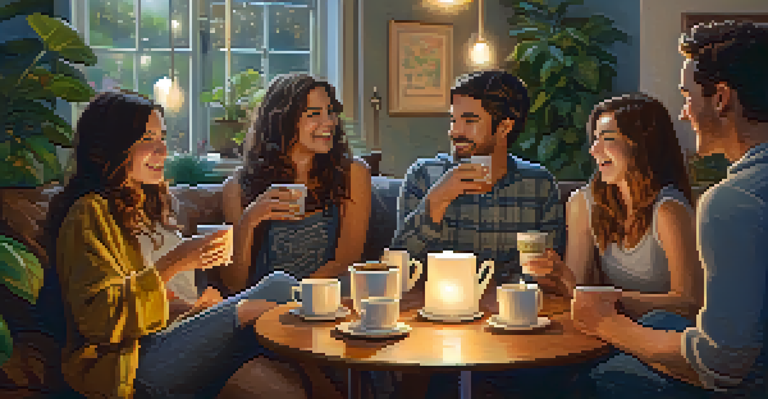 A group of friends playing ukuleles together in a cozy room, surrounded by warm lighting and cushions.