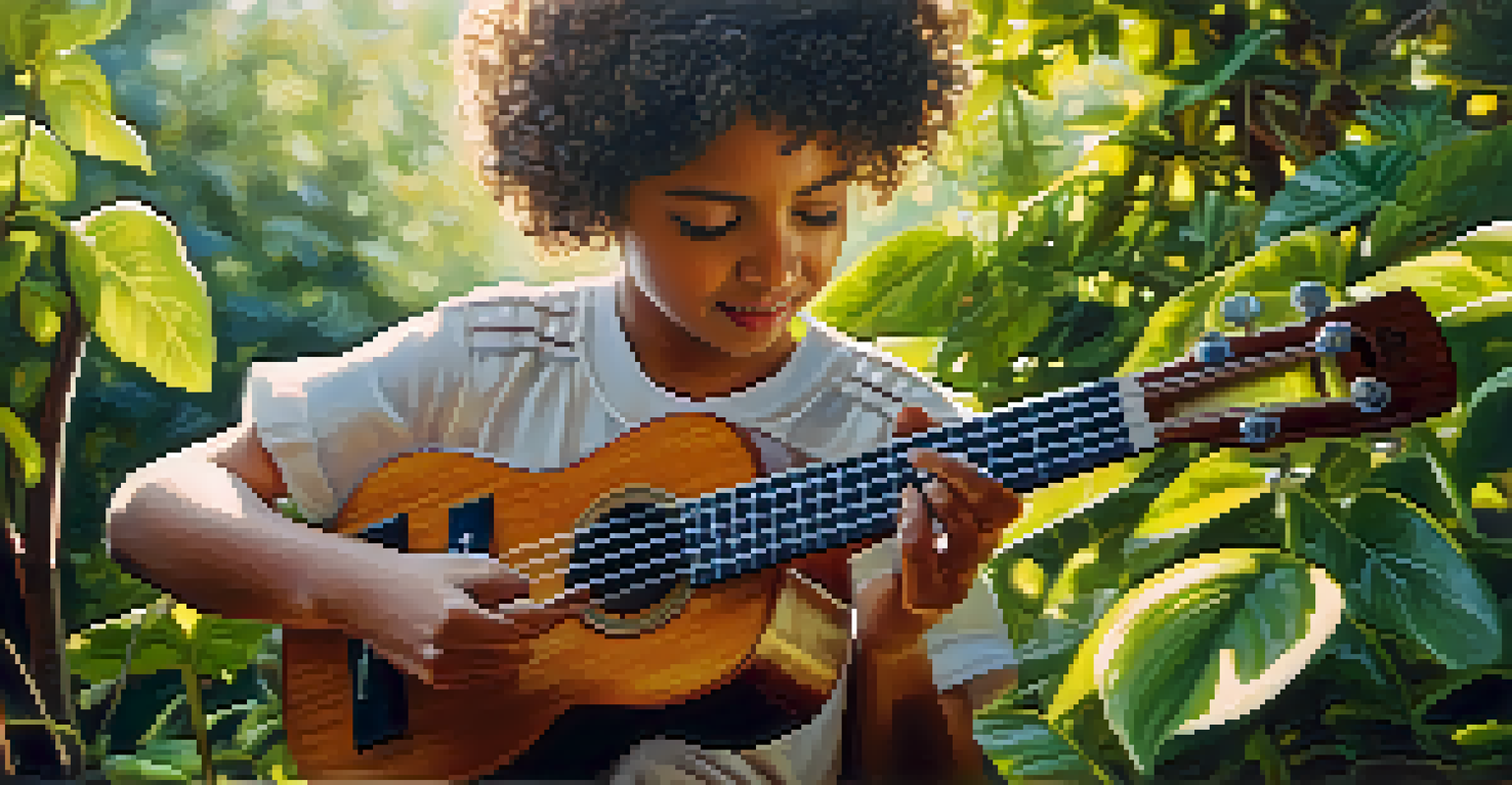 Close-up of hands strumming a ukulele in a sunlit garden, showcasing the instrument's texture and strings.