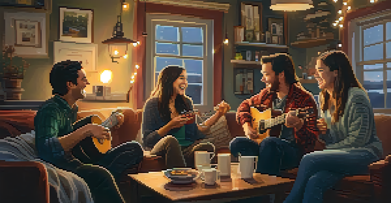 Friends gathered indoors, enjoying music and laughter while one person plays the ukulele.
