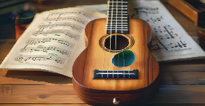 A close-up of a ukulele on a wooden table, with colorful sheet music and warm lighting.