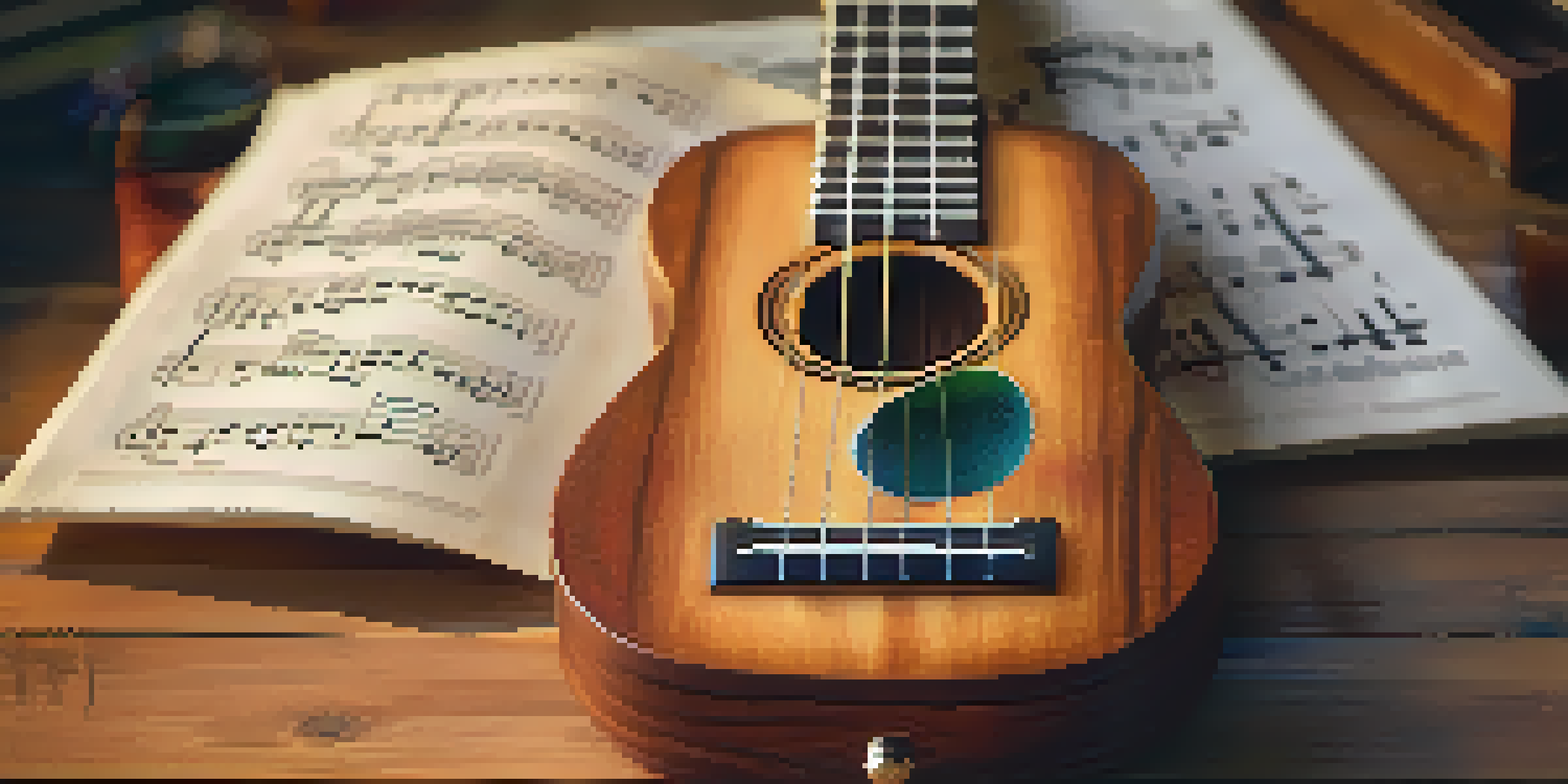 A close-up of a ukulele on a wooden table, with colorful sheet music and warm lighting.