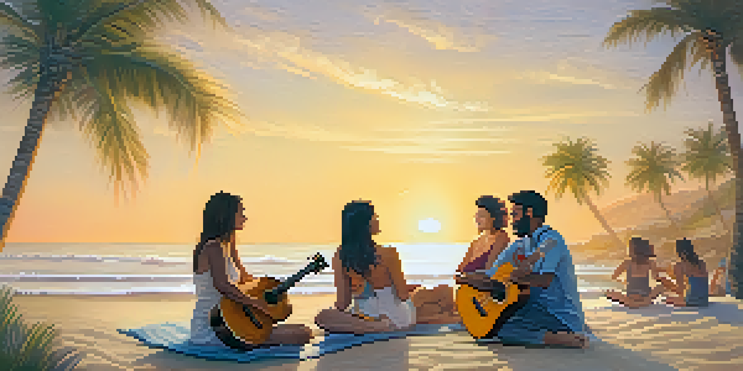 A group of people sitting in a circle on the beach at sunset, each holding a ukulele, surrounded by palm trees and gentle waves.