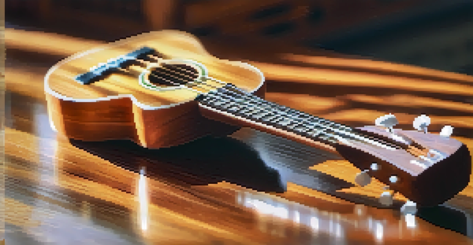 A close-up of a ukulele on a wooden table with natural light highlighting its strings and a blurred sheet music in the background.