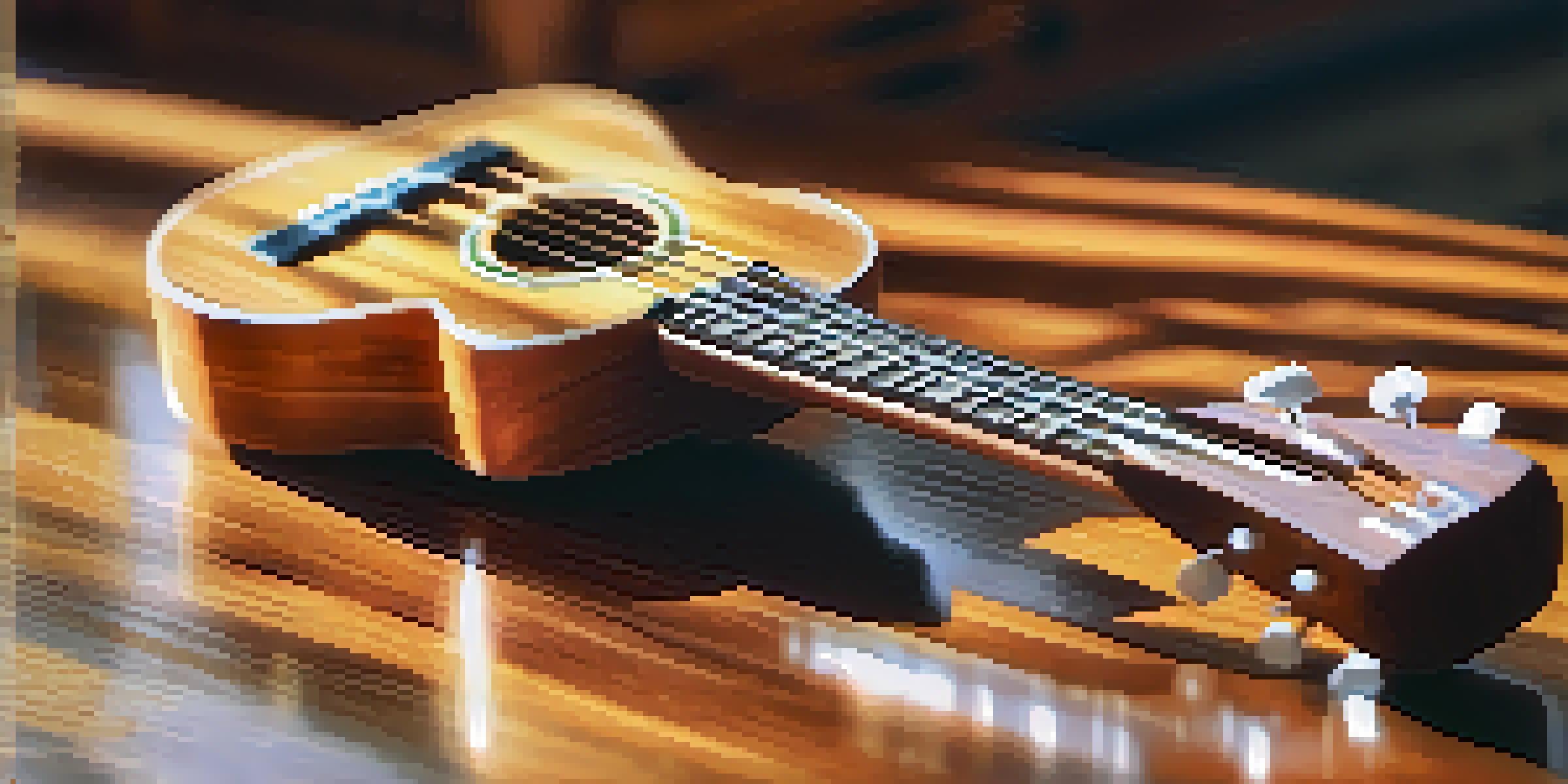 A close-up of a ukulele on a wooden table with natural light highlighting its strings and a blurred sheet music in the background.