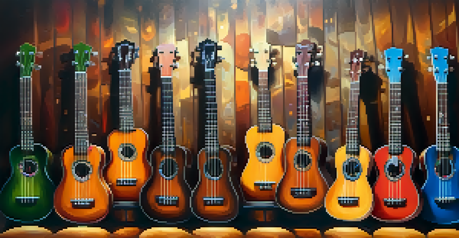 A collection of ukulele strings, picks, and a capo on a vibrant music note backdrop, with warm lighting highlighting the textures.
