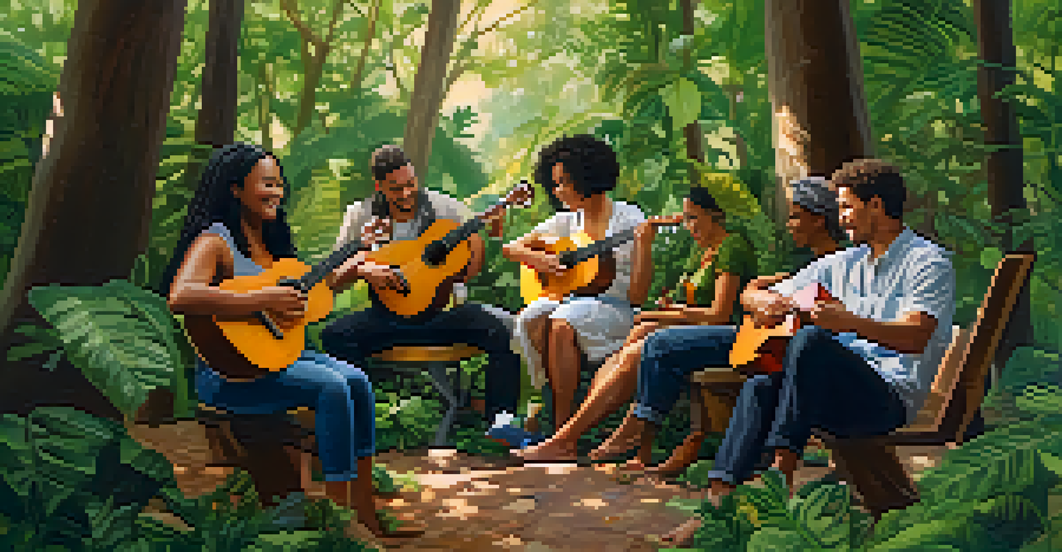 A group of musicians playing ukuleles in a green outdoor setting.