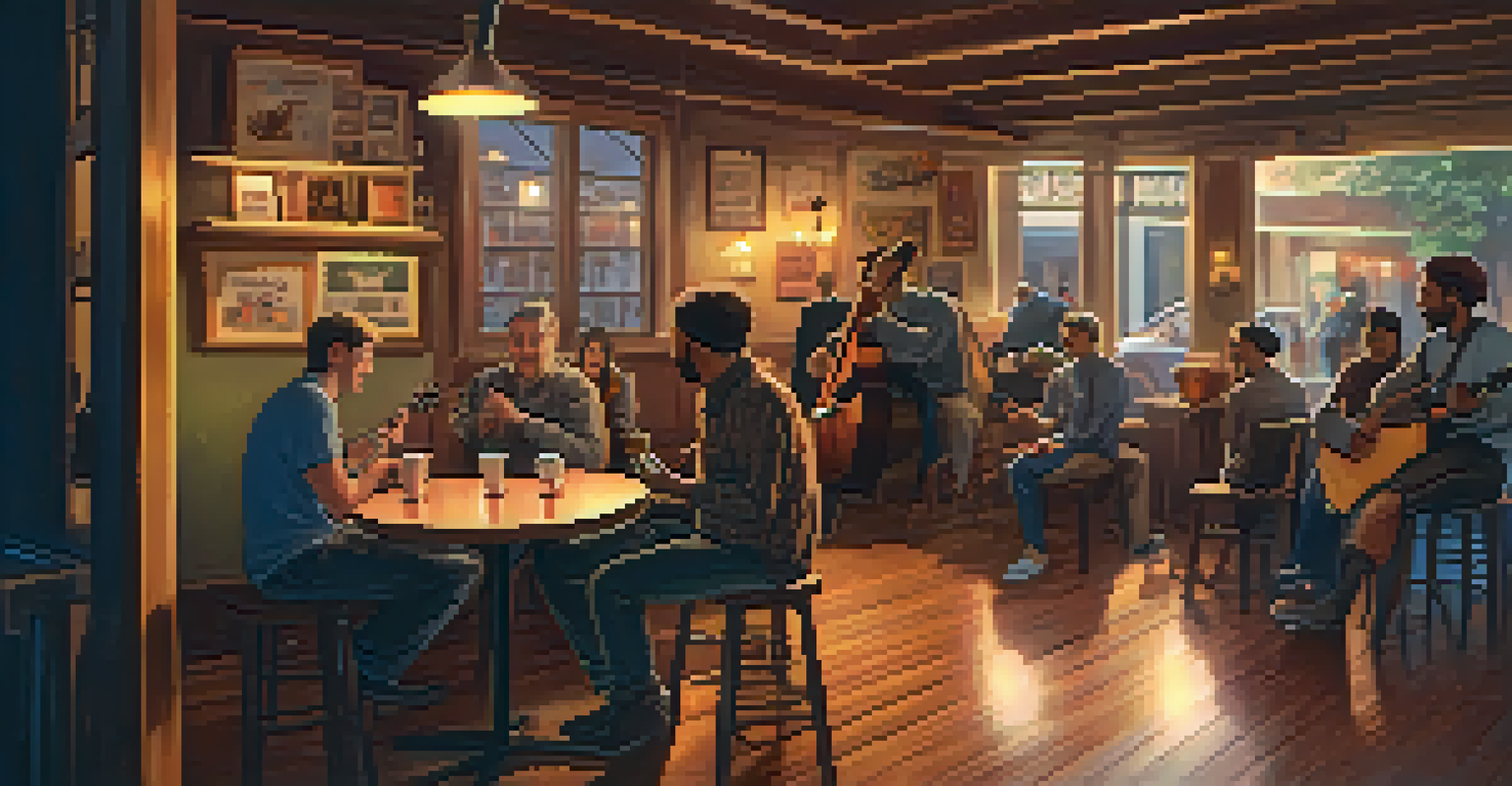 A duo performing in a cozy café with a ukulele and loop pedal, surrounded by listeners enjoying their music.