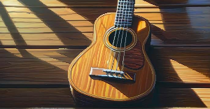 A close-up of a ukulele on a wooden table with sunlight casting shadows, showing the strings and colorful picks.