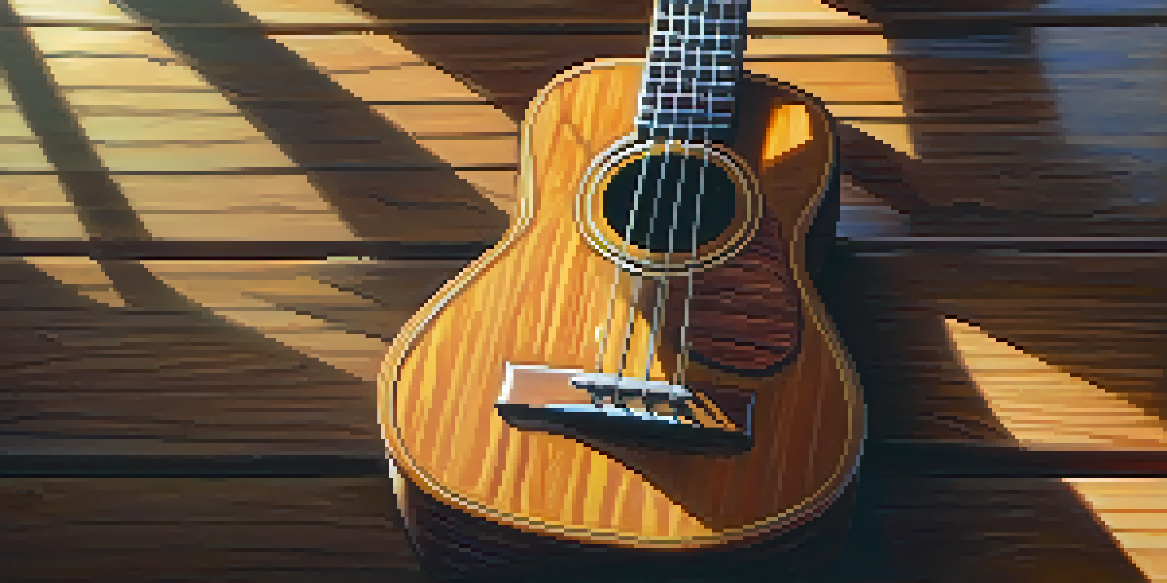A close-up of a ukulele on a wooden table with sunlight casting shadows, showing the strings and colorful picks.