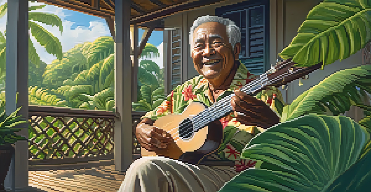 An elderly Hawaiian musician playing the ukulele on a porch surrounded by tropical plants, with sunlight filtering through the leaves.