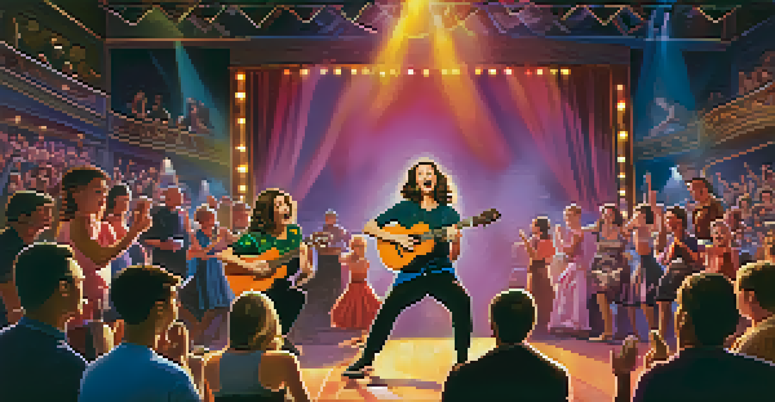 A character playing a ukulele on stage, surrounded by colorful lights and an engaged audience.