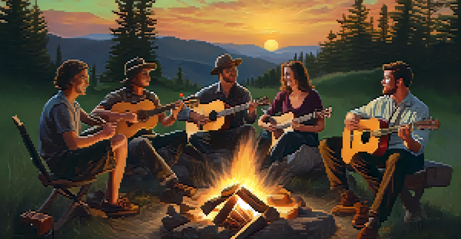A group of diverse musicians playing Martin ukuleles around a campfire during sunset, conveying a sense of community and joy.
