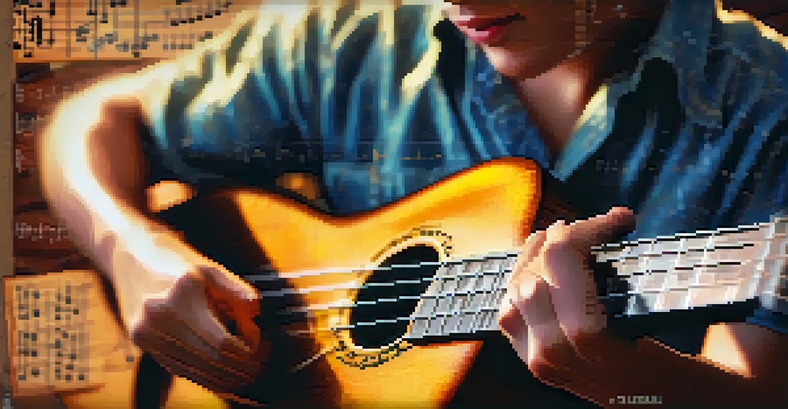 Close-up of hands playing a ukulele with colorful chord diagrams in the background, emphasizing the warmth and texture of the instrument.