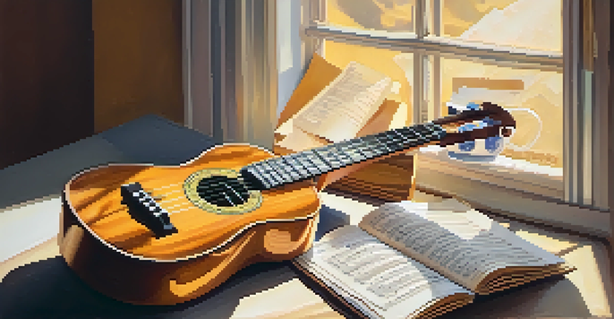A ukulele on a wooden table with sheet music and a coffee cup, illuminated by sunlight.