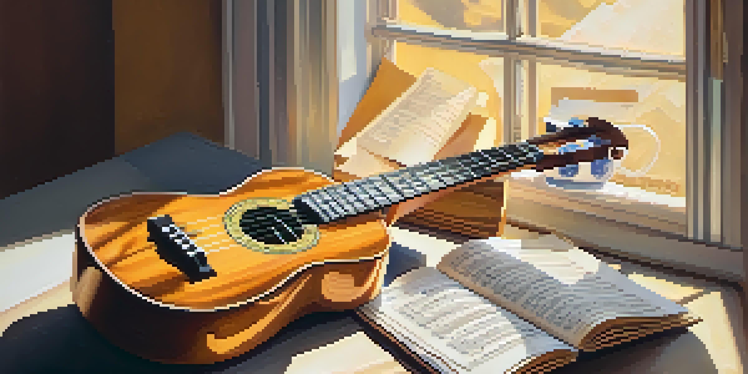 A ukulele on a wooden table with sheet music and a coffee cup, illuminated by sunlight.