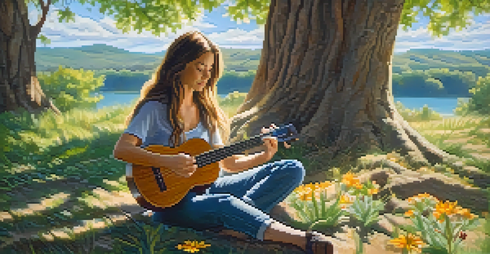 A young woman tuning her ukulele under a large tree with sunlight filtering through the leaves, surrounded by wildflowers.