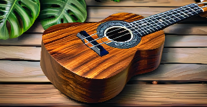 A beautifully crafted ukulele made from koa wood on a wooden table, surrounded by tropical plants.