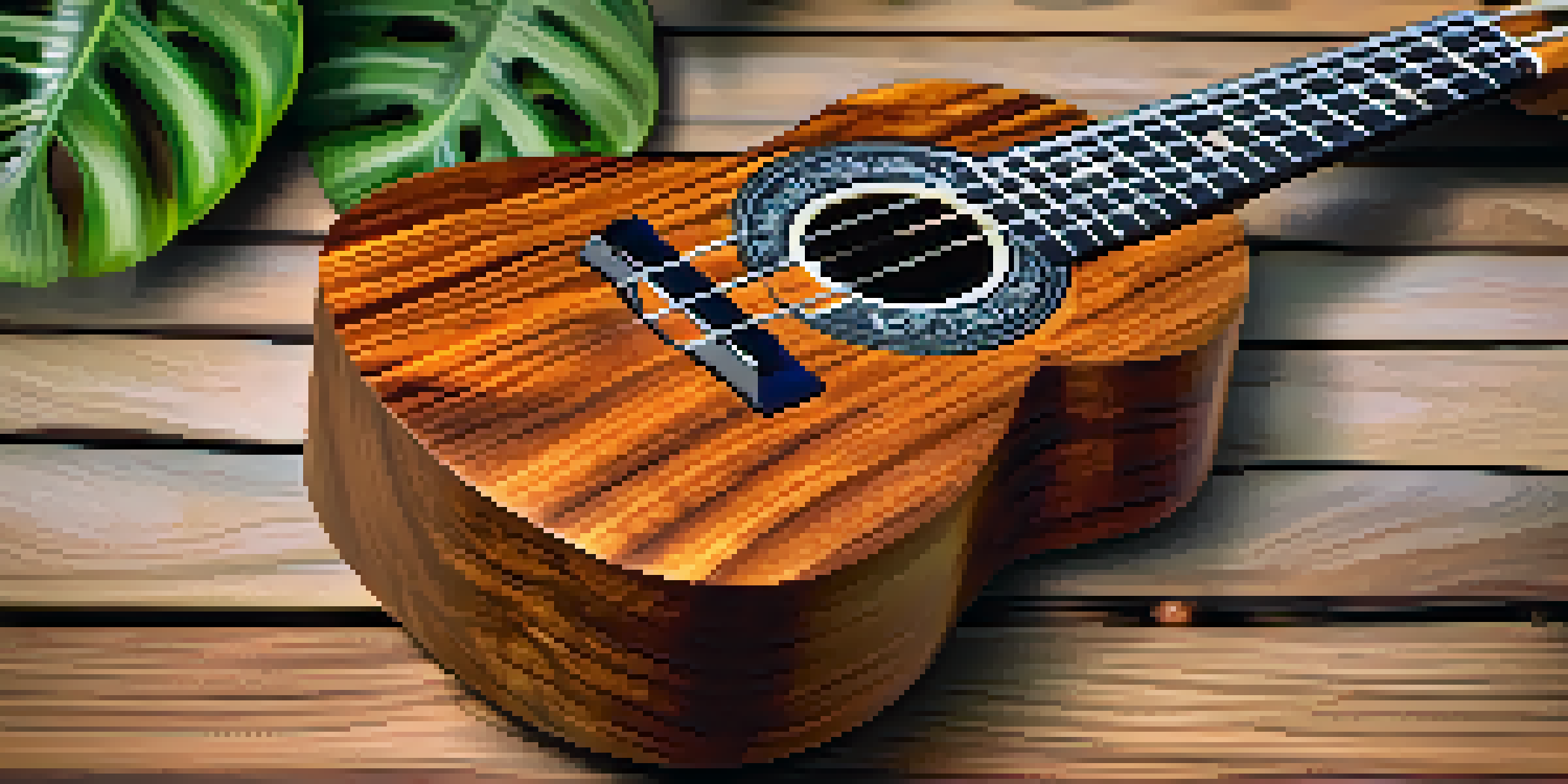 A beautifully crafted ukulele made from koa wood on a wooden table, surrounded by tropical plants.