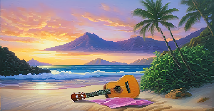 A peaceful Hawaiian beach scene at sunset with mountains in the background and a ukulele on the sand.