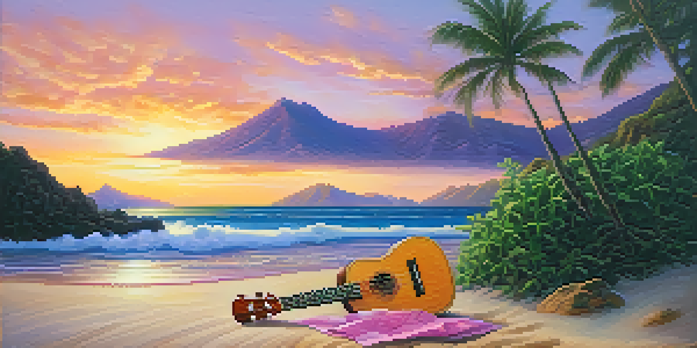 A peaceful Hawaiian beach scene at sunset with mountains in the background and a ukulele on the sand.