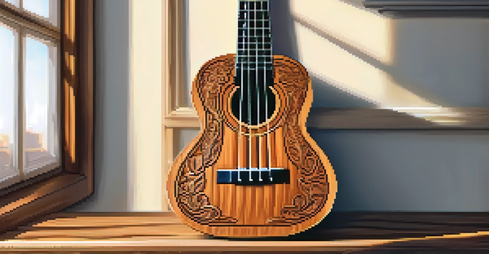 A close-up view of a finely designed ukulele on a wooden table, illuminated by sunlight, showcasing its detailed carvings and shiny strings.