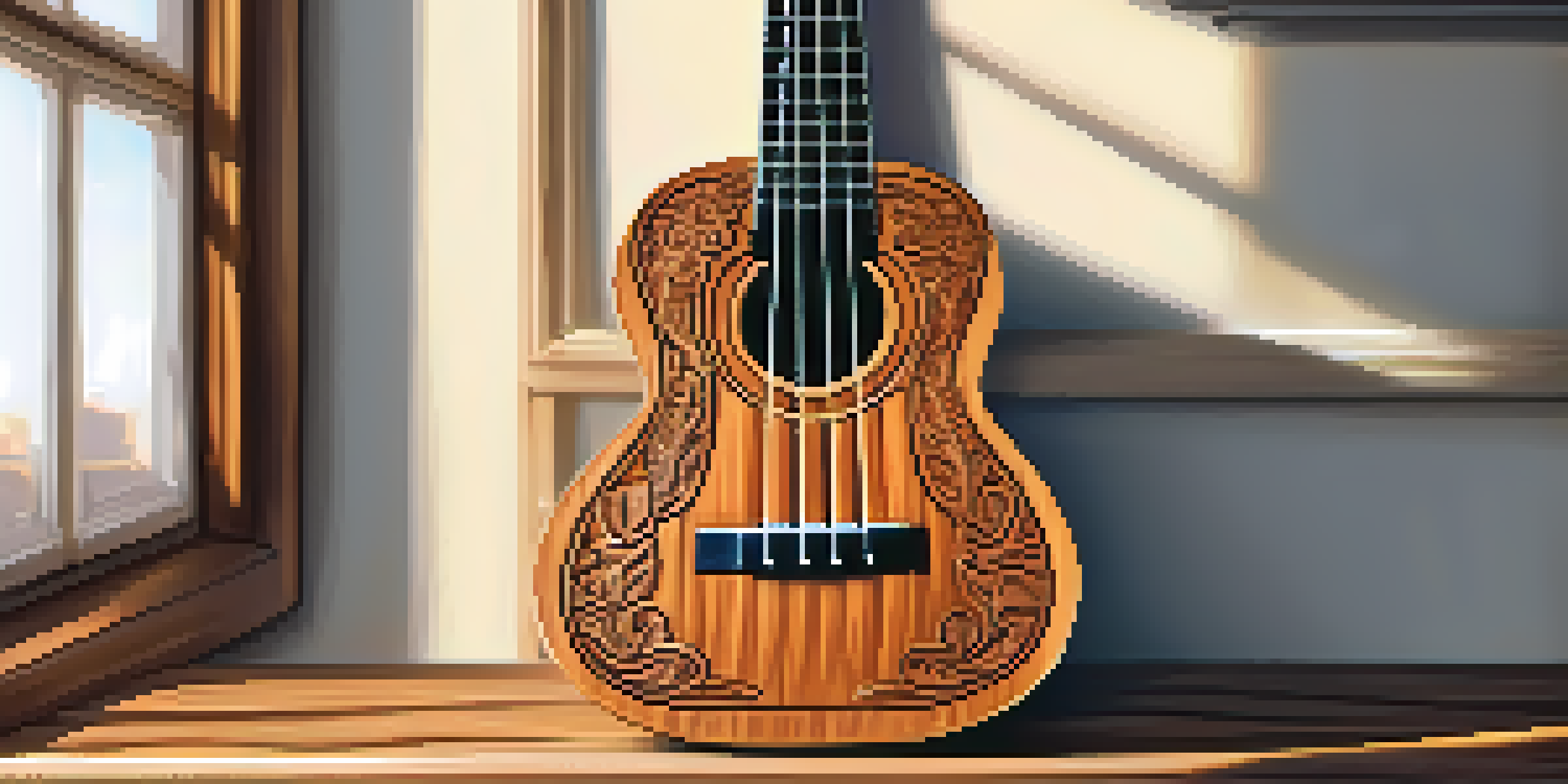 A close-up view of a finely designed ukulele on a wooden table, illuminated by sunlight, showcasing its detailed carvings and shiny strings.