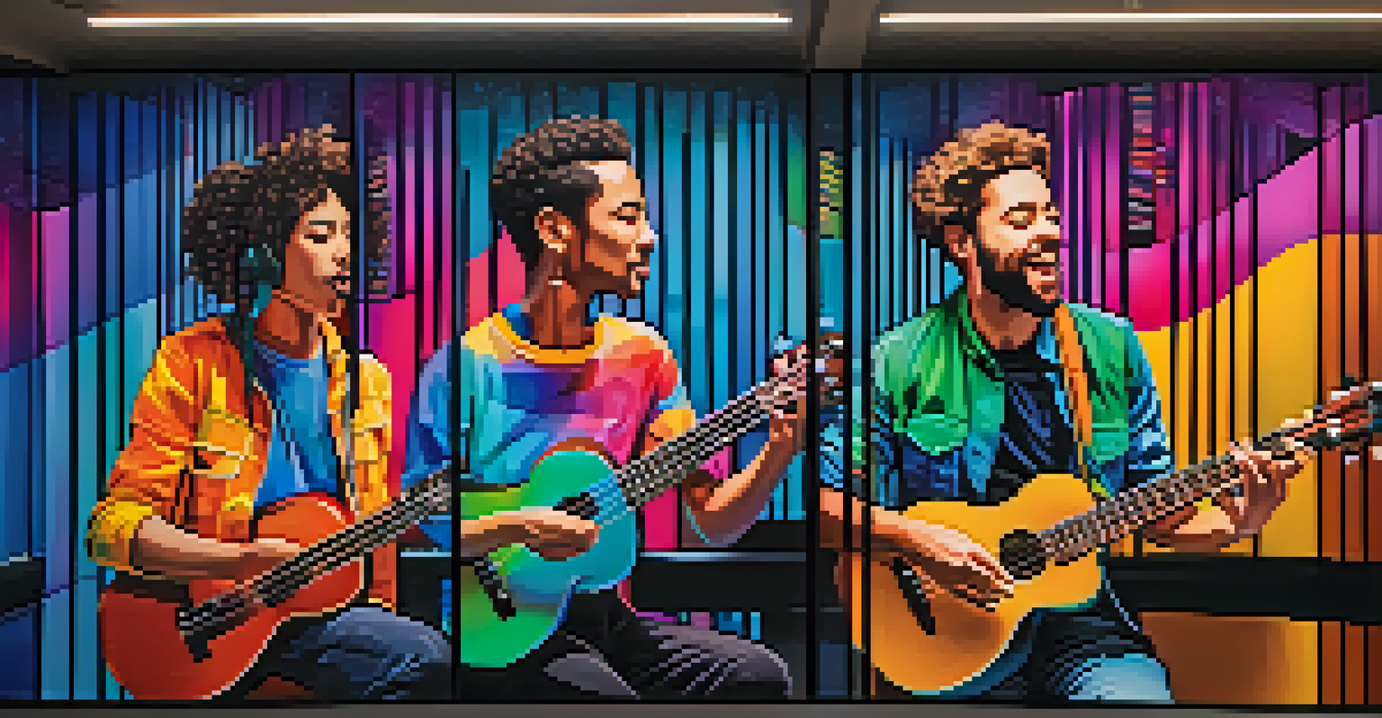 A digital collage showing musicians from around the world collaborating via their ukuleles, connected by vibrant sound waves.