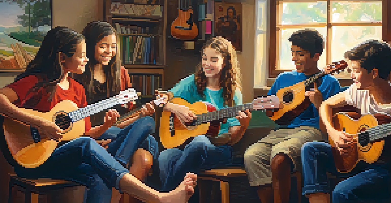 A diverse group of teenagers sitting in a circle, practicing ukulele together in a cozy indoor setting.