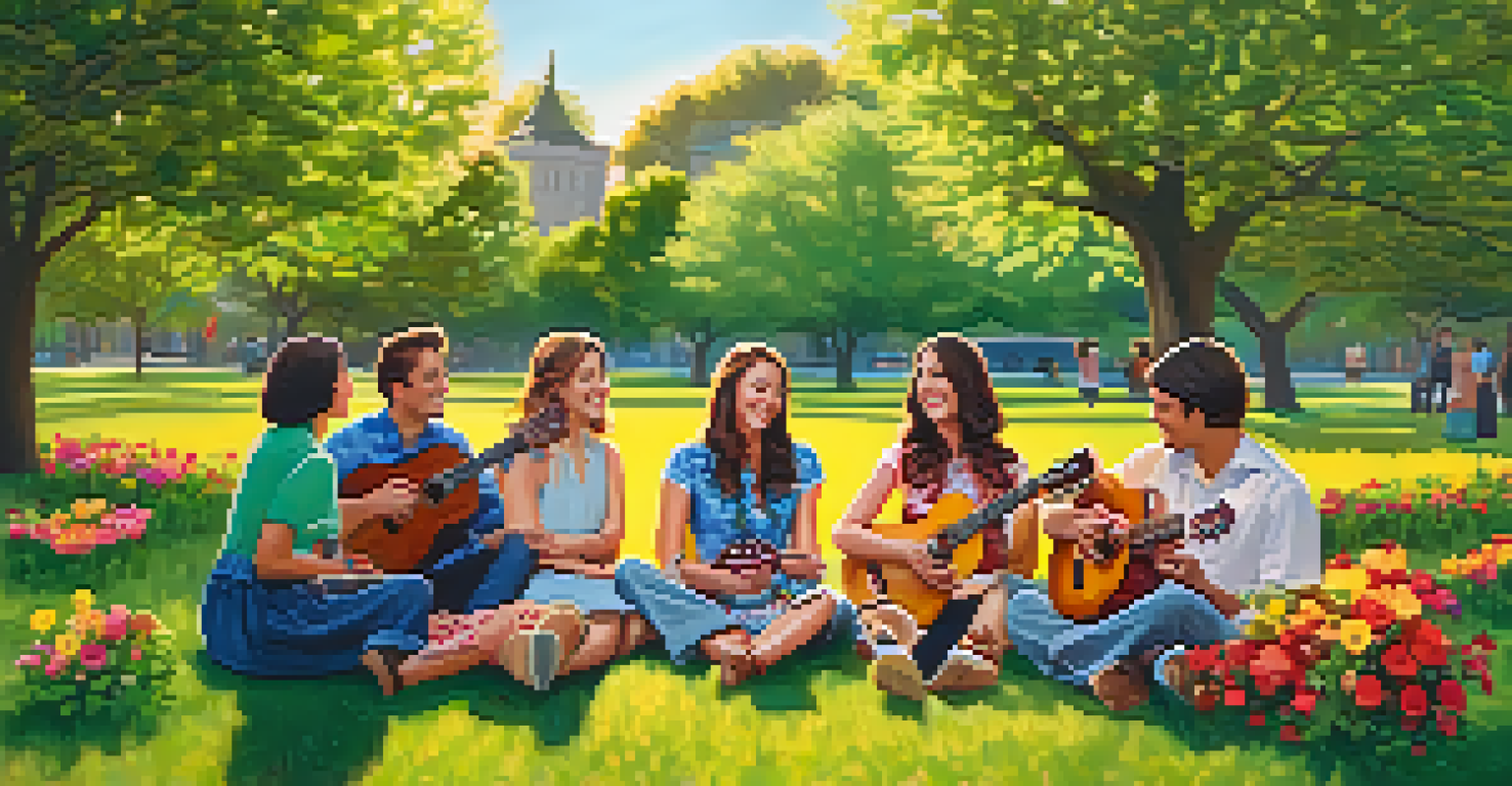 A group of people playing ukuleles together in a sunny park, surrounded by greenery and flowers.