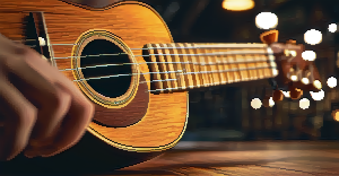 A close-up view of a person playing a ukulele with fingerstyle technique, focusing on the fingers and the instrument's wood texture.