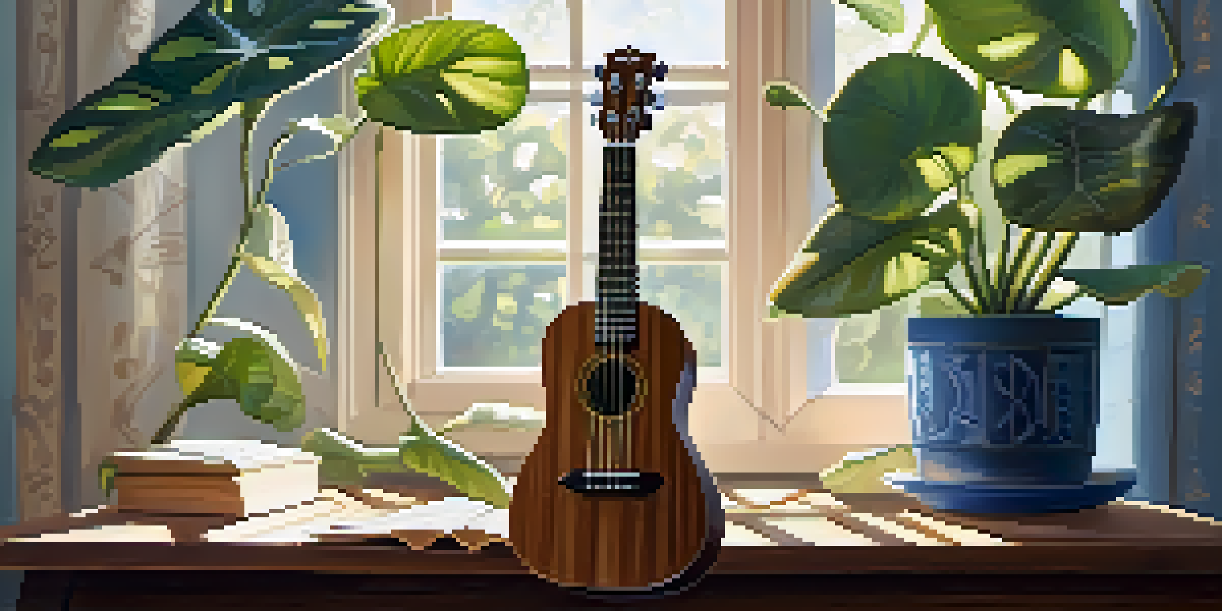 A ukulele on a wooden table with sheet music in a cozy room filled with plants and sunlight.