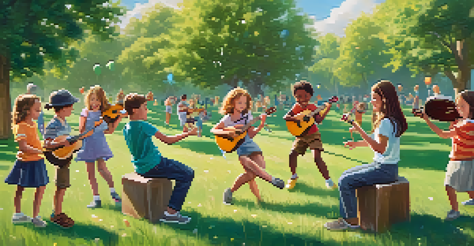 Students playing a rhythm game with a ukulele in a sunny park, filled with laughter and musical notes.