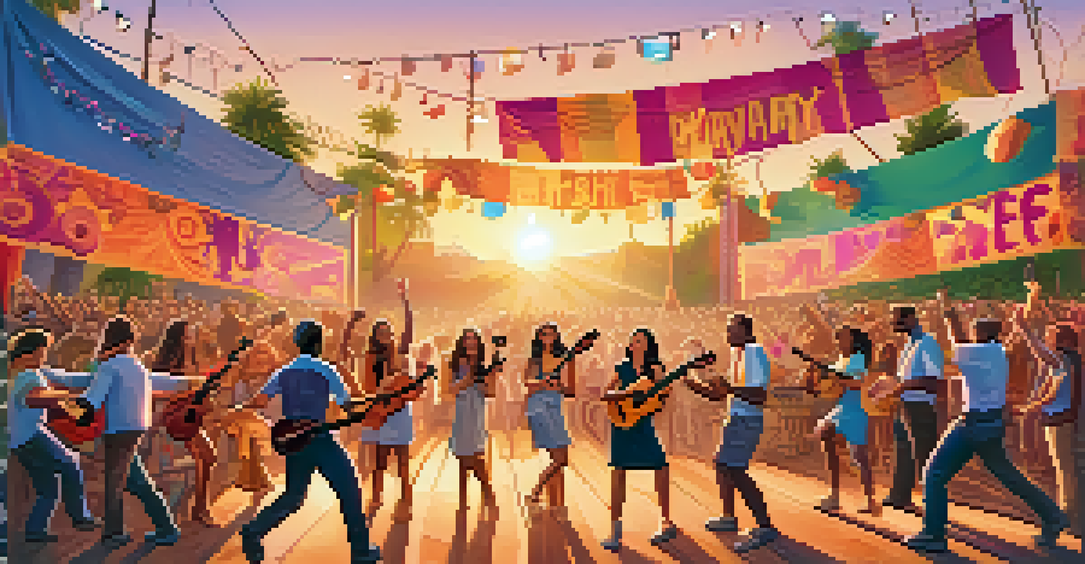 A lively outdoor music festival with musicians performing on stage with ukuleles, surrounded by an enthusiastic audience and sustainability banners.