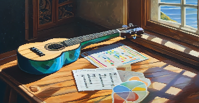 A close-up view of a ukulele on a wooden table with colorful chord charts and soft natural light.