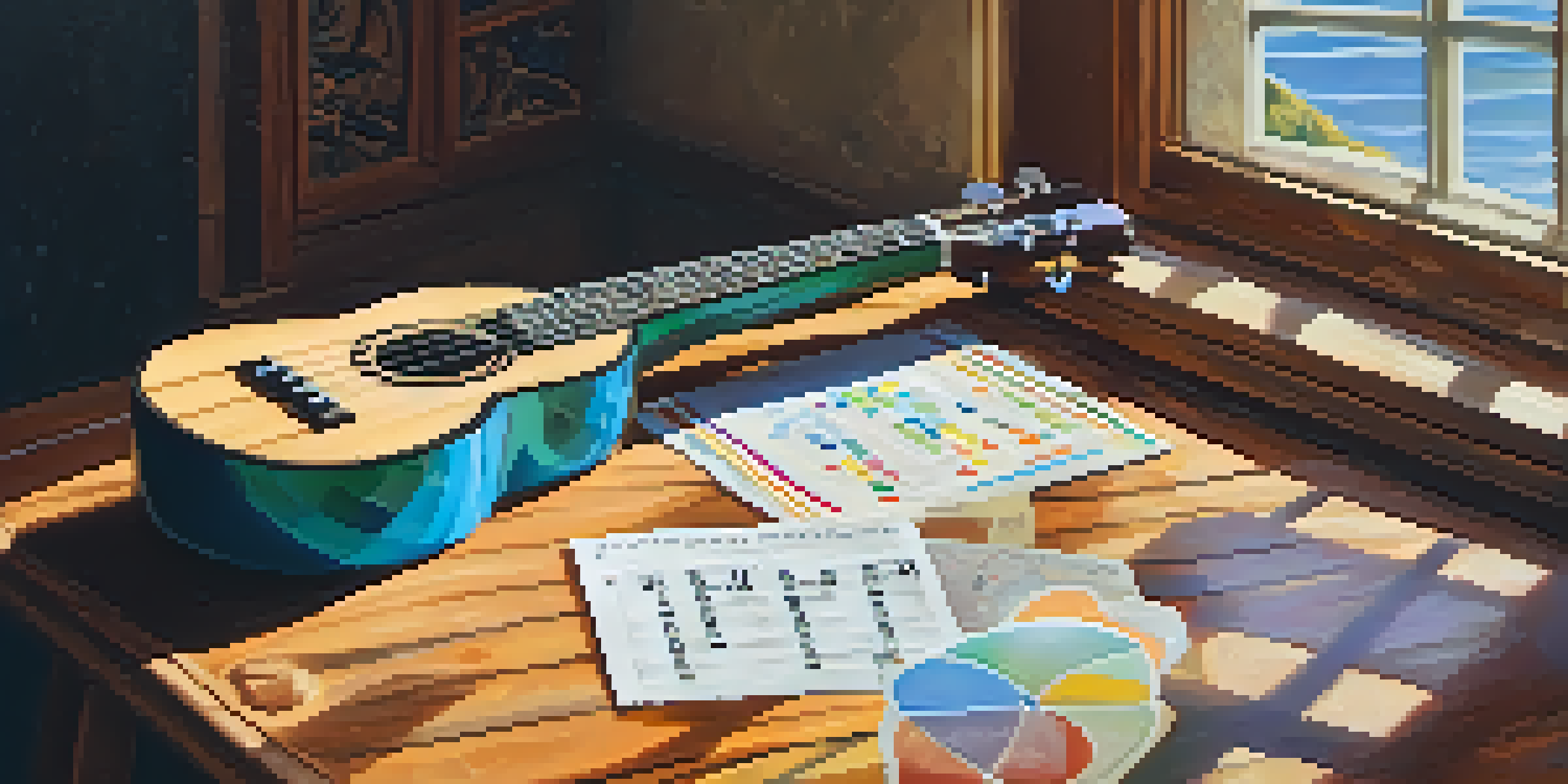A close-up view of a ukulele on a wooden table with colorful chord charts and soft natural light.
