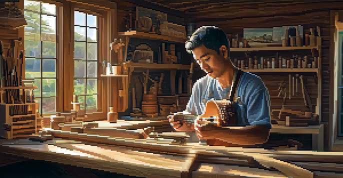 An artisan in a workshop crafting a handcrafted ukulele, surrounded by tools and natural light.