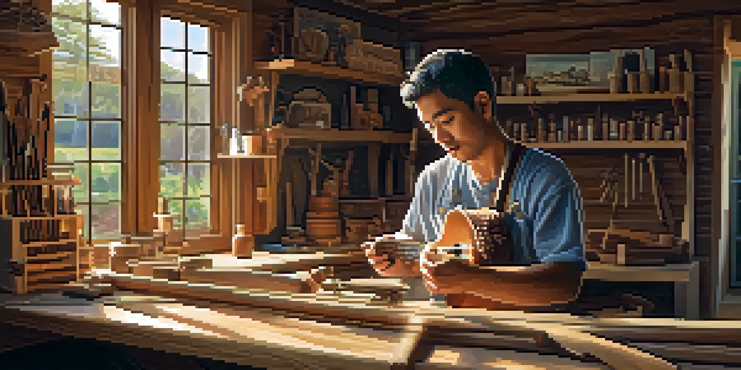 An artisan in a workshop crafting a handcrafted ukulele, surrounded by tools and natural light.