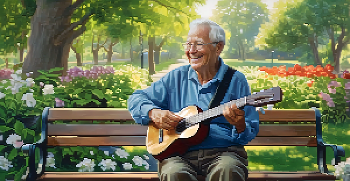 An older adult playing a ukulele on a park bench surrounded by greenery and flowers, radiating happiness.