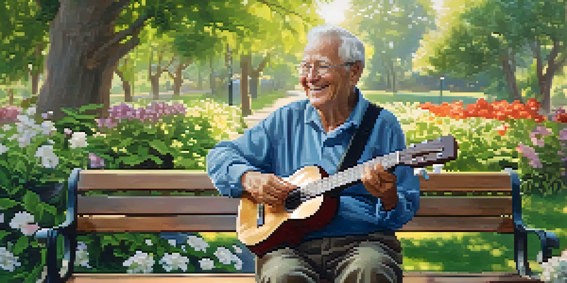 An older adult playing a ukulele on a park bench surrounded by greenery and flowers, radiating happiness.