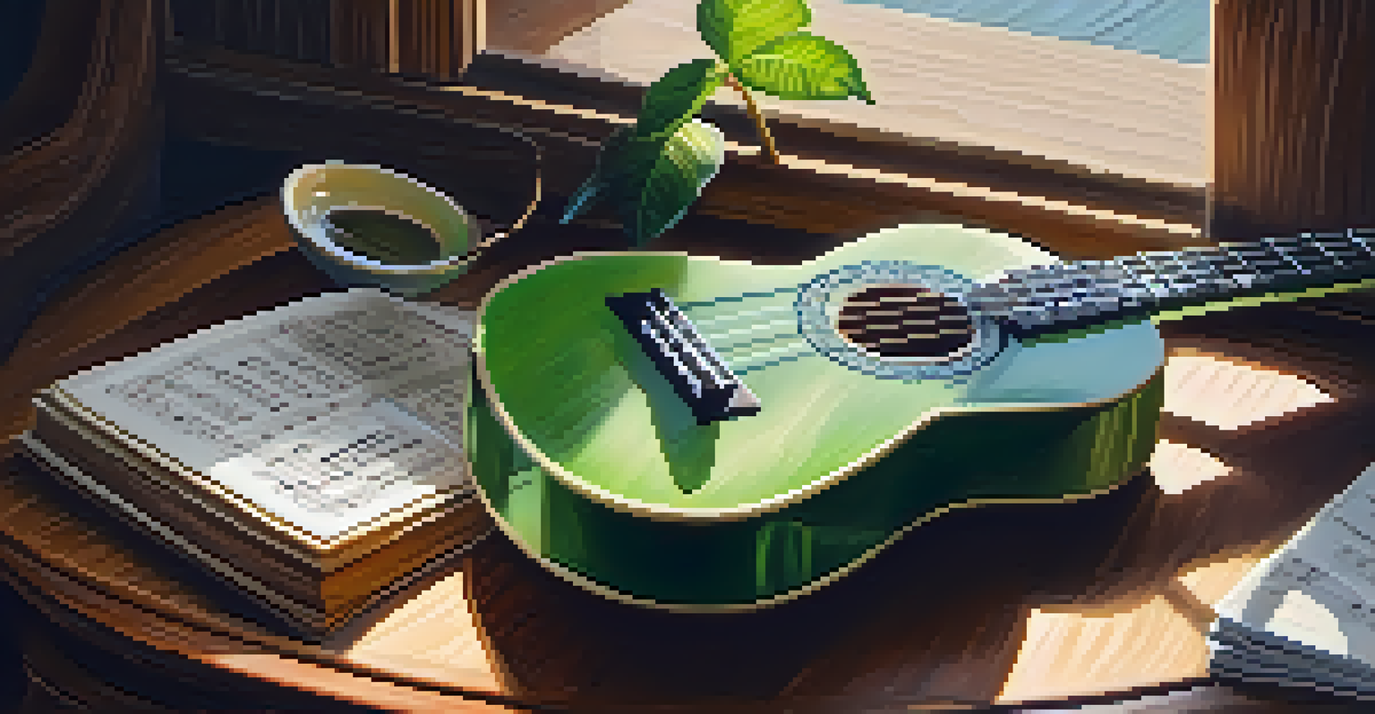 A close-up of a green ukulele on a wooden table with sheet music and a cup of tea, illuminated by sunlight.