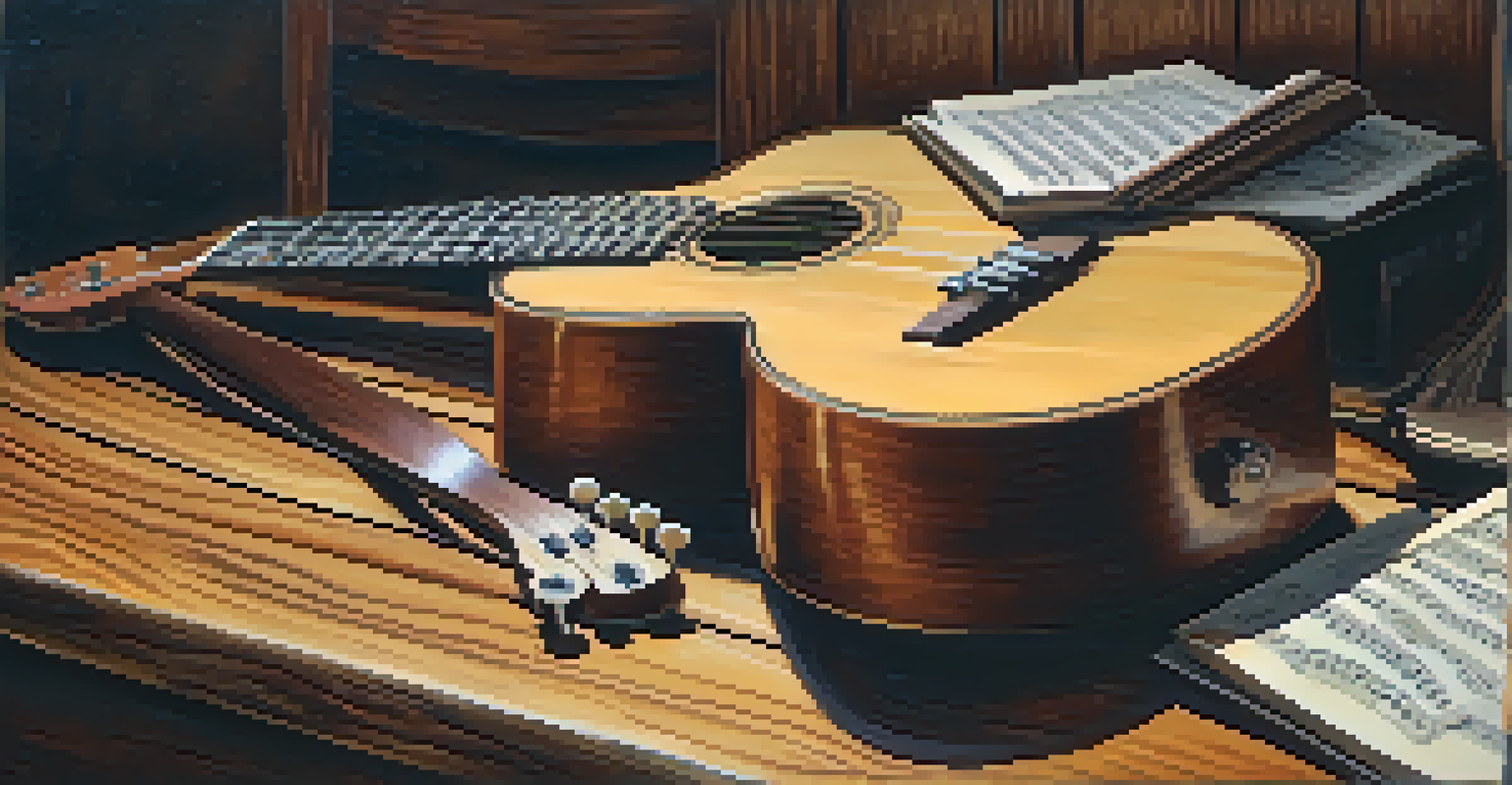 A close-up of hands playing a ukulele and guitar on a wooden table with sheet music, showcasing musical collaboration.